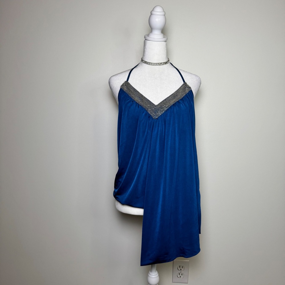 Robbi & Nikki Y2K Blue Satin Halter Top Silver Beaded Trim Size S